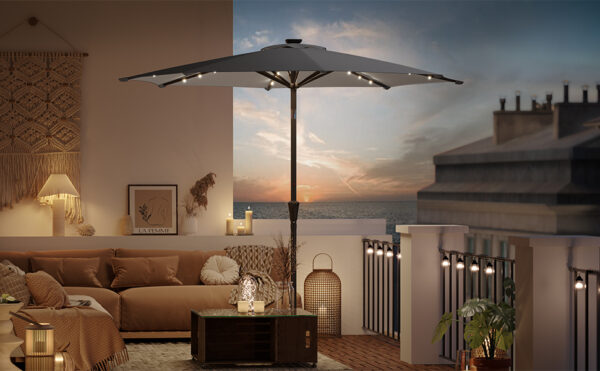 SONGMICS Umbrela de gradina, iluminare LED solara, cu manivela pentru deschidere, sistem inclinare, 300cm, gri - imagine 9