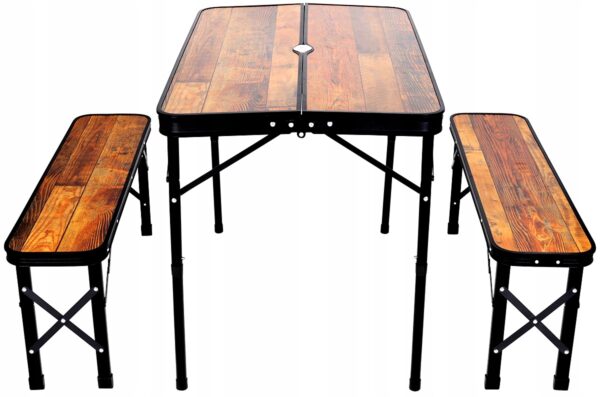 Set mobilier de camping pliabil, masa cu 2 banci, structura otel cu blat MDF, 90x60cm, maro - imagine 5
