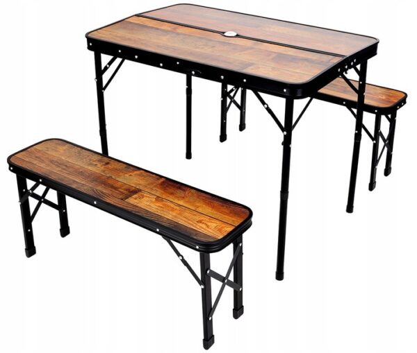 Set mobilier de camping pliabil, masa cu 2 banci, structura otel cu blat MDF, 90x60cm, maro - imagine 6