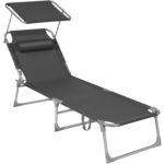 SONGMICS Sezlong pliabil, cu parasolar si tetiera, spatar reglabil in 4 pozitii, maxim 150kg, 193x53x29cm, gri