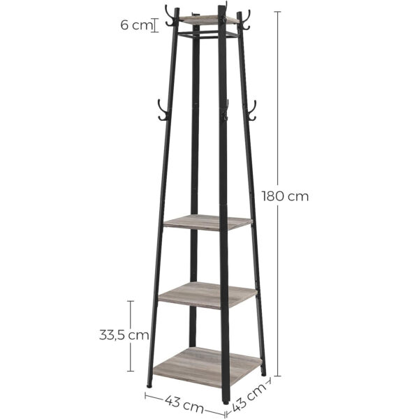 VASAGLE Cuier de haine cu 3 rafturi, suport cu carlige, din otel, 43x43x180 cm, stil industrial, gri si negru - imagine 8