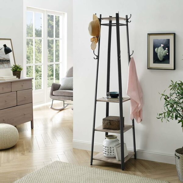VASAGLE Cuier de haine cu 3 rafturi, suport cu carlige, din otel, 43x43x180 cm, stil industrial, gri si negru - imagine 4