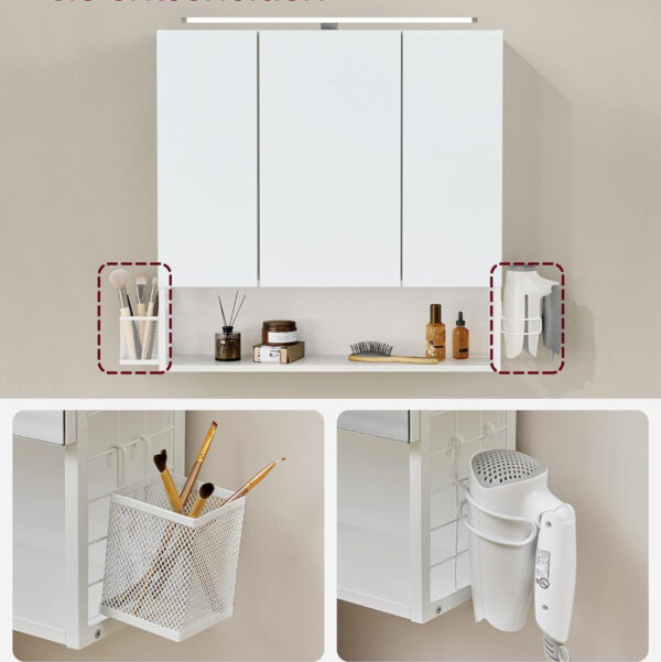 VASAGLE Dulap de baie de perete, 3 usi cu oglinda, compartiment deschis, 15x70x70cm, alb - imagine 6
