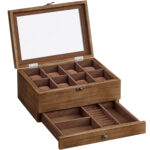 RESIGILAT: SONGMICS Cutie de ceasuri din lemn masiv, 8 compartimente si sertar bijuterii, 19x27x13cm, nuc rustic