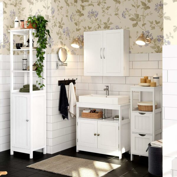 VASAGLE Dulap de baie de perete, cu 2 rafturi reglabile, stil scandinav, 60x18x60cm, alb mat - imagine 2