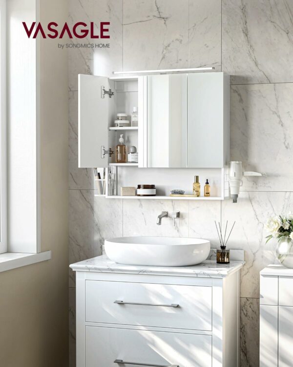 VASAGLE Dulap de baie de perete, 3 usi cu oglinda, compartiment deschis, 15x70x70cm, alb - imagine 2