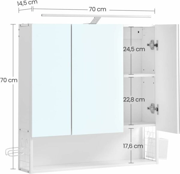 VASAGLE Dulap de baie de perete, 3 usi cu oglinda, compartiment deschis, 15x70x70cm, alb - imagine 3