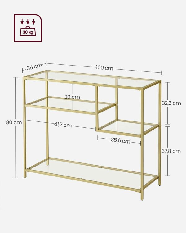 VASAGLE Masa de intrare, cu rafturi asimetrice, blat din sticla securizata, cadru metalic, 35x100x80cm, auriu - imagine 7