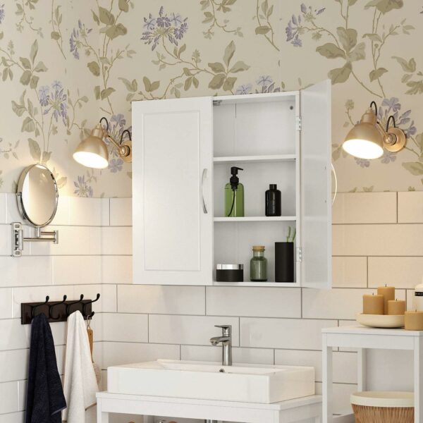 VASAGLE Dulap de baie de perete, cu 2 rafturi reglabile, stil scandinav, 60x18x60cm, alb mat - imagine 4
