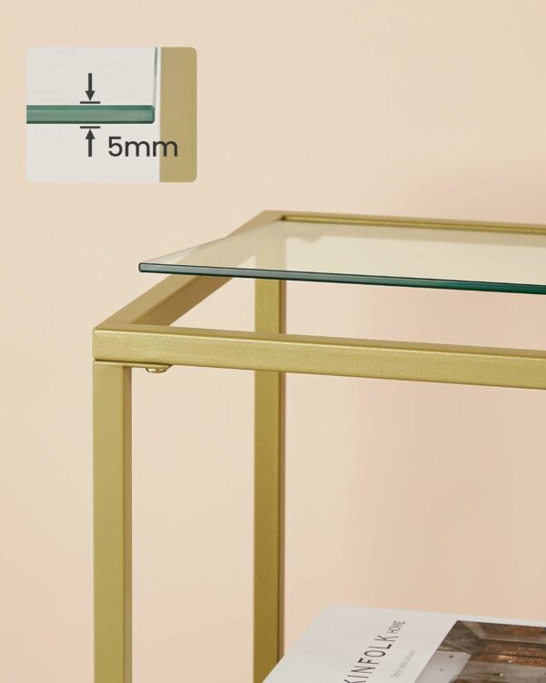 VASAGLE Masa de intrare, cu rafturi asimetrice, blat din sticla securizata, cadru metalic, 35x100x80cm, auriu - imagine 5