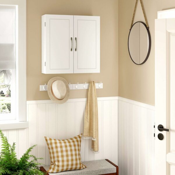 VASAGLE Dulap de baie de perete, cu 2 rafturi reglabile, stil scandinav, 60x18x60cm, alb mat - imagine 7