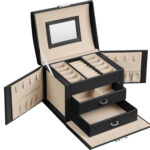SONGMICS Cutie de bijuterii cu 3 nivele, 2 sertare, oglinda si incuietoare, 14x18x14cm, negru