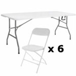 Set masa cu 6 scaune pliabile pentru gradina, camping, terase, 180x72x75cm, alb