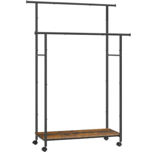 SONGMICS Suport pentru haine dublu cu 2 sine de agatat si polita inferioara, pe roti, 40x99x157 cm, negru