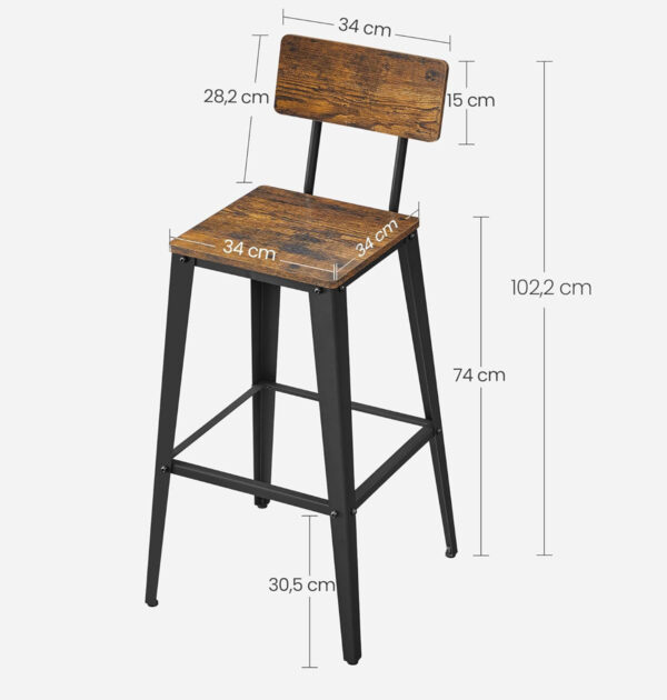 VASAGLE Set 2 scaune de bar, inalte cu spatar, industrial, 45x45x102cm, maro rustic si negru - imagine 6
