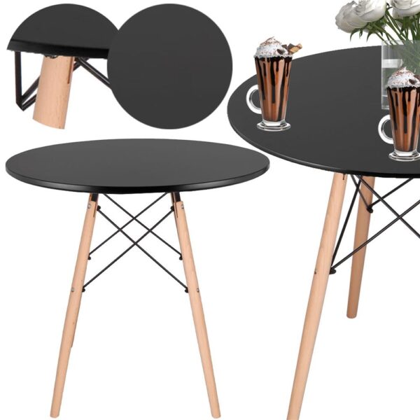 Masa dining bucatarie, rotunda, diametru 80 cm, inaltime 75 cm, Blat MDF, Picioare lemn, Negru - imagine 2