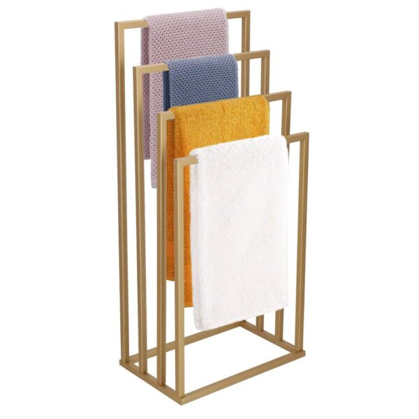 Suport metalic de baie pentru prosoape, cu 4 standuri, 96 cm, auriu mat - imagine 3