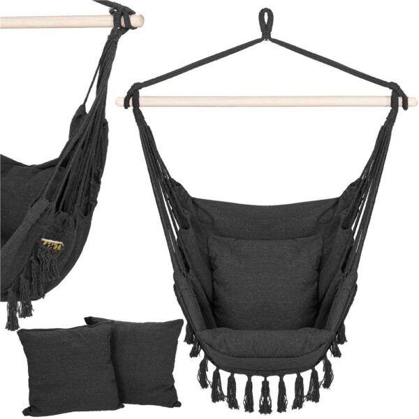 Hamac tip leagan suspendat pentru casa sau gradina, cu perne, 130x100cm, 150kg, gri inchis - imagine 2