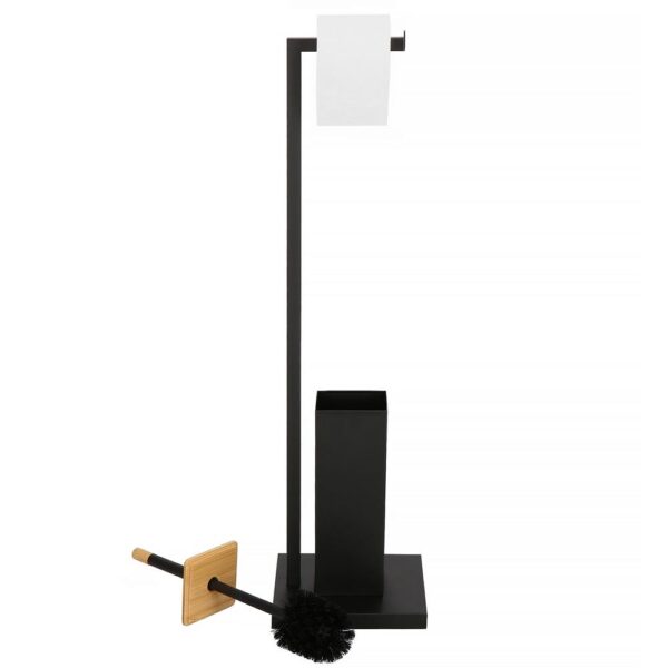 Stand cu perie WC si suport hartie igienica, metal si bambus, 79cm, negru - imagine 2