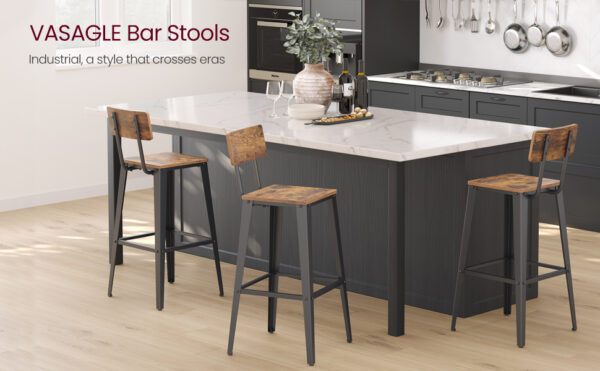 VASAGLE Set 2 scaune de bar, inalte cu spatar, industrial, 45x45x102cm, maro rustic si negru - imagine 2