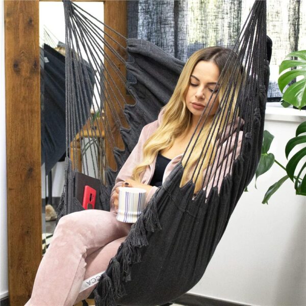 Hamac tip leagan suspendat pentru casa sau gradina, cu perne, 130x100cm, 150kg, gri inchis - imagine 9