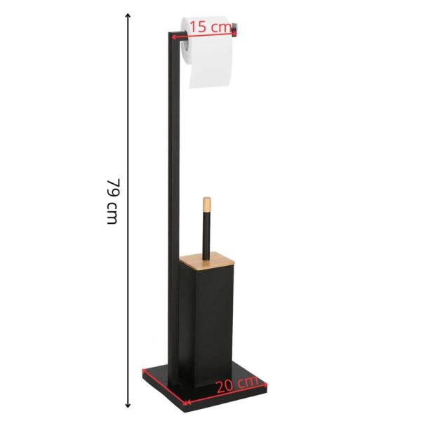 Stand cu perie WC si suport hartie igienica, metal si bambus, 79cm, negru - imagine 11