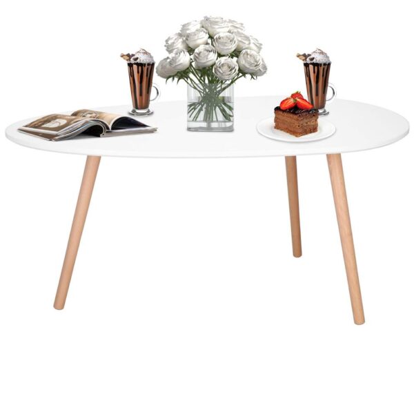 Masa de cafea, ovala, blat 100x50 cm, inaltime 48 cm, Blat MDF, Picioare lemn, Alb - imagine 11