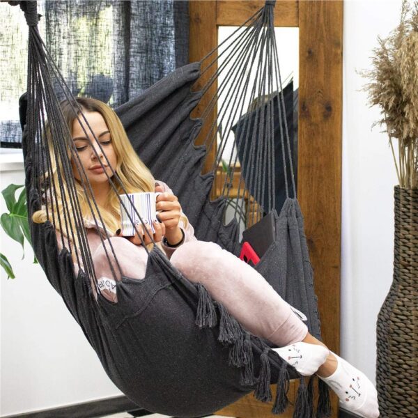 Hamac tip leagan suspendat pentru casa sau gradina, cu perne, 130x100cm, 150kg, gri inchis - imagine 11