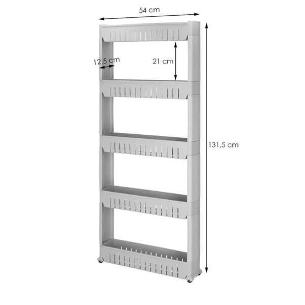 Sistem rafturi de depozitare cu roti pentru bucatarie sau baie cu 5 polite, 54x13x132cm, gri - imagine 2