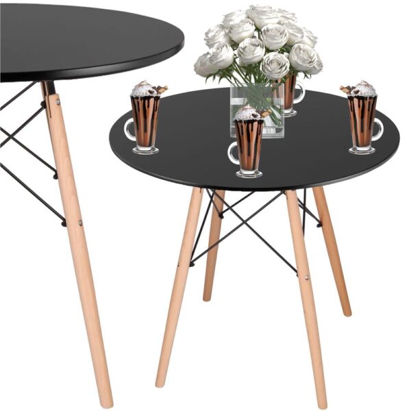 Masa dining bucatarie, rotunda, diametru 80 cm, inaltime 75 cm, Blat MDF, Picioare lemn, Negru - imagine 3