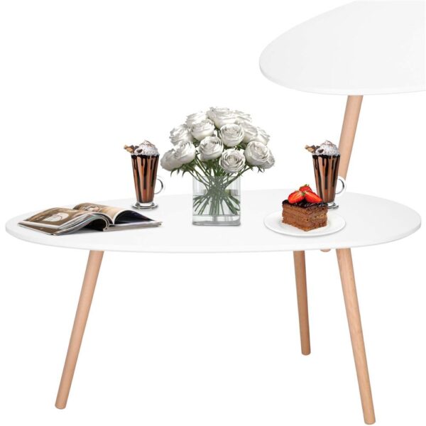 Masa de cafea, ovala, blat 100x50 cm, inaltime 48 cm, Blat MDF, Picioare lemn, Alb - imagine 2