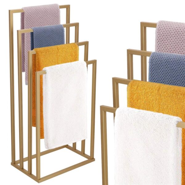 Suport metalic de baie pentru prosoape, cu 4 standuri, 96 cm, auriu mat - imagine 4