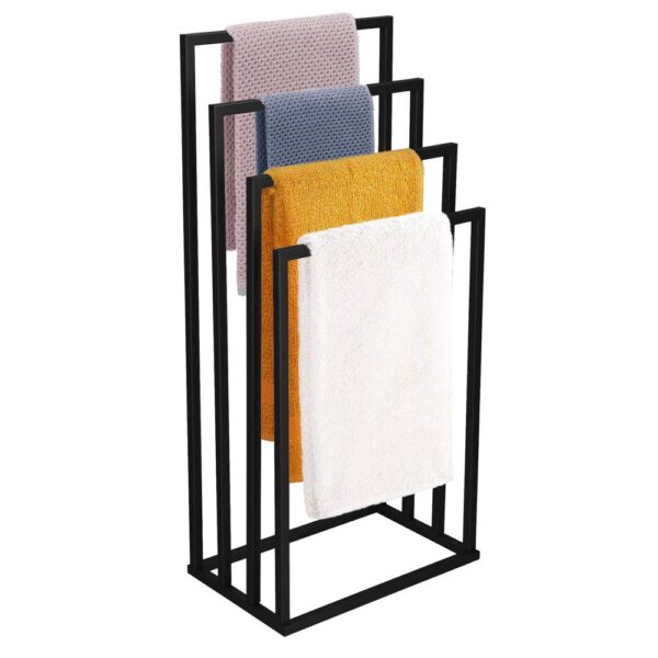 Suport metalic de baie pentru prosoape, cu 4 standuri, 96 cm, negru - imagine 3