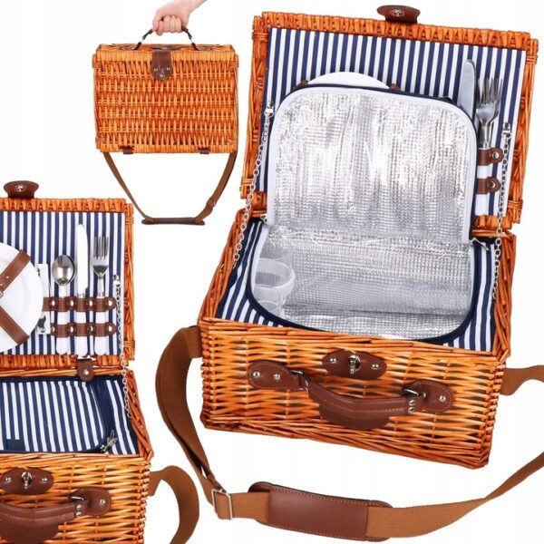 Cos de picnic echipat pentru 2 persoane Deluxe, din rachita, cu vesela si tacamuri, frigorific - imagine 3