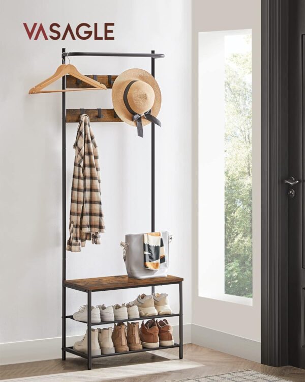 VASAGLE Cuier cu rafturi depozitare pantofi si ​​bara suspendata, industrial, 32x64x180 cm, maro rustic si negru - imagine 2