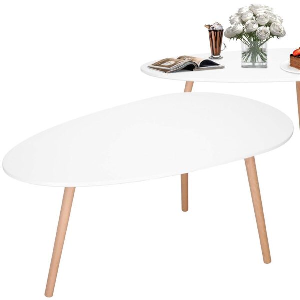 Masa de cafea, ovala, blat 100x50 cm, inaltime 48 cm, Blat MDF, Picioare lemn, Alb - imagine 3