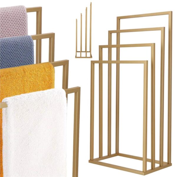 Suport metalic de baie pentru prosoape, cu 4 standuri, 96 cm, auriu mat - imagine 5