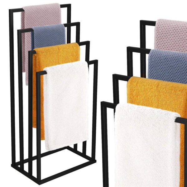 Suport metalic de baie pentru prosoape, cu 4 standuri, 96 cm, negru - imagine 4