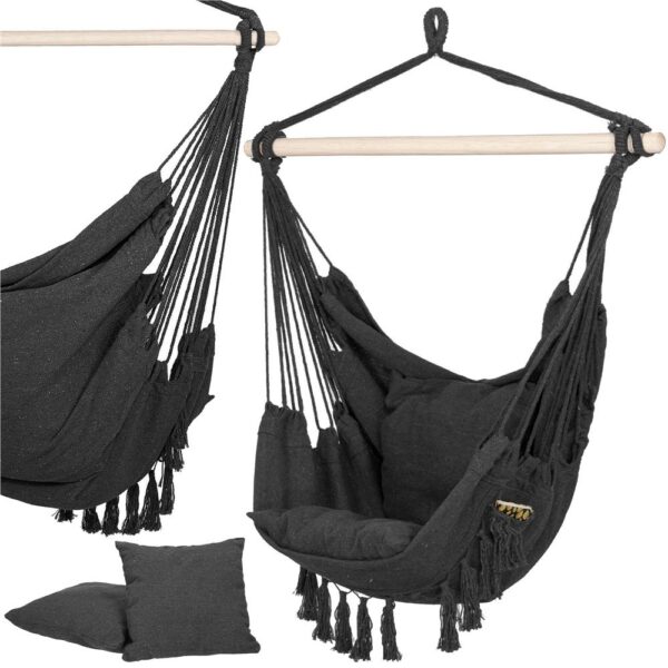 Hamac tip leagan suspendat pentru casa sau gradina, cu perne, 130x100cm, 150kg, gri inchis - imagine 3