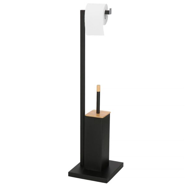 Stand cu perie WC si suport hartie igienica, metal si bambus, 79cm, negru - imagine 3