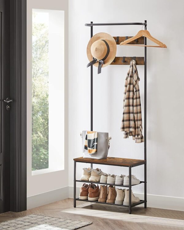 VASAGLE Cuier cu rafturi depozitare pantofi si ​​bara suspendata, industrial, 32x64x180 cm, maro rustic si negru - imagine 3