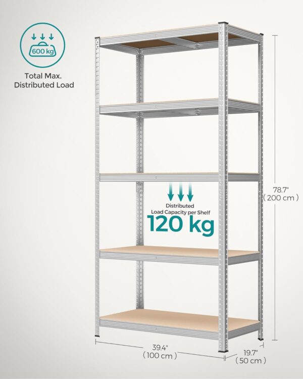 SONGMICS Raft de depozitare metalic, cu rafturi din MDF, 5 polite, max. 600 kg, 200x100x50cm, argintiu - imagine 3