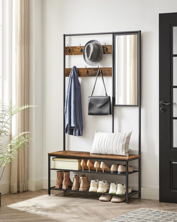VASAGLE Cuier cu rafturi depozitare pantofi si ​​oglinda, industrial, 35x98x180 cm, maro rustic si negru - imagine 3