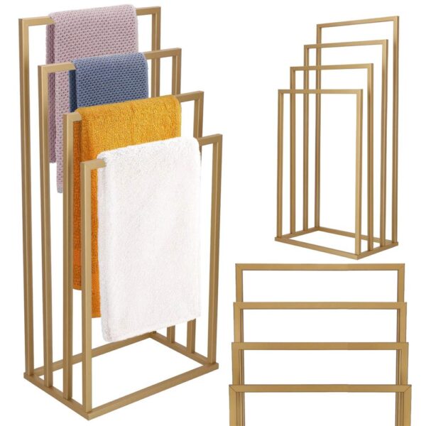 Suport metalic de baie pentru prosoape, cu 4 standuri, 96 cm, auriu mat - imagine 6