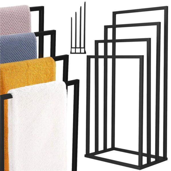 Suport metalic de baie pentru prosoape, cu 4 standuri, 96 cm, negru - imagine 5
