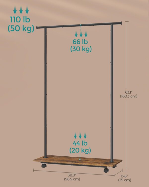 SONGMICS Suport pentru haine cu sina de agatat si polita inferioara, pe roti, 35x99x160 cm, negru - imagine 3