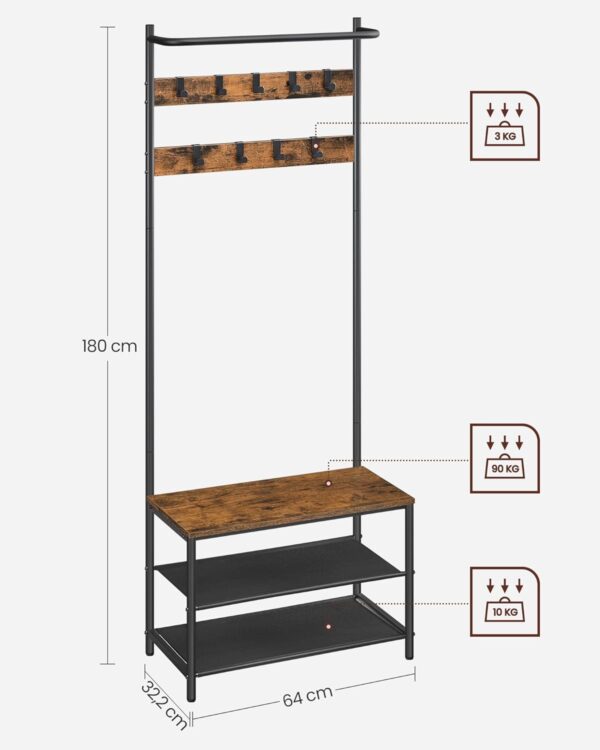 VASAGLE Cuier cu rafturi depozitare pantofi si ​​bara suspendata, industrial, 32x64x180 cm, maro rustic si negru - imagine 4