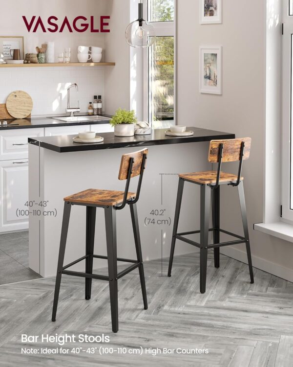VASAGLE Set 2 scaune de bar, inalte cu spatar, industrial, 45x45x102cm, maro rustic si negru - imagine 4