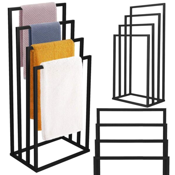 Suport metalic de baie pentru prosoape, cu 4 standuri, 96 cm, negru - imagine 6