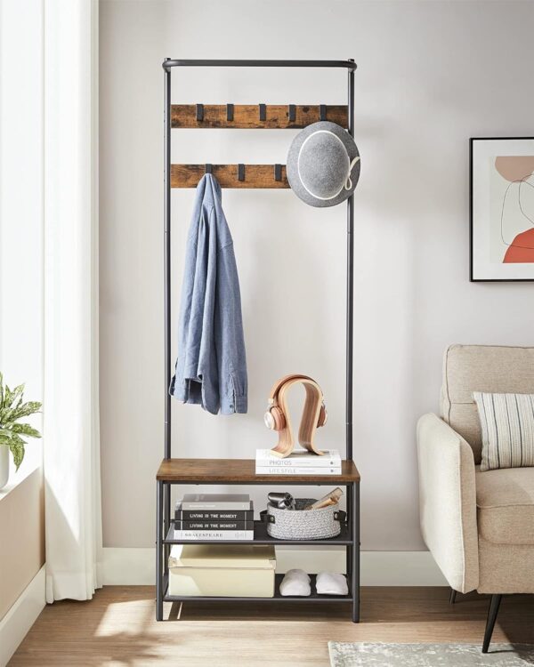 VASAGLE Cuier cu rafturi depozitare pantofi si ​​bara suspendata, industrial, 32x64x180 cm, maro rustic si negru - imagine 5